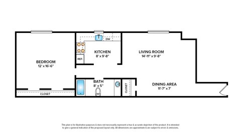 Floor plan for 1 bed, 1 bath, 700 sqft